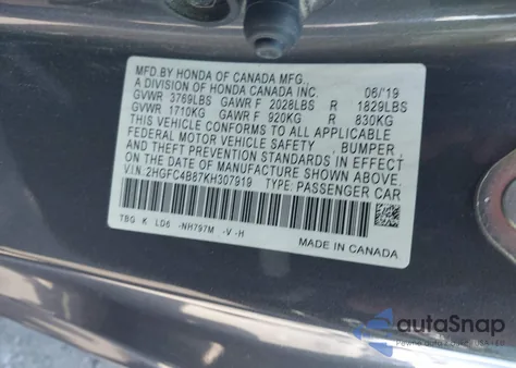 2019 Honda Civic Sport из США, поврежденный, VIN 2HGFC4B87KH307919